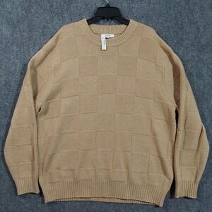 Madewell Sweater Womens XL Tan Windowpane Grid Knit Crewneck Wool Blend Pullover